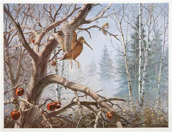 Appraisal: David A Maass American b Abandoned Orchard Woodcock color lithograph