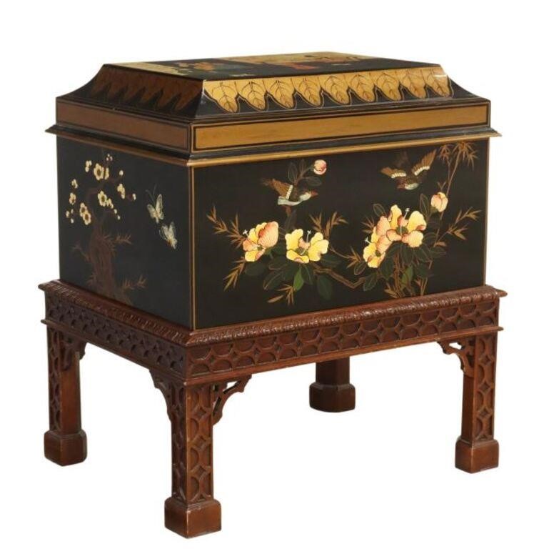 Appraisal: Maitland-Smith chinoiserie lacquered storage box on stand late th c