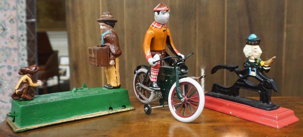 Appraisal: Vintage Lithopane Bicyclist a Mechanical Monkey Bank and a Painted