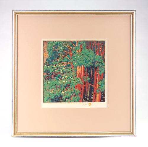 Appraisal: GUSTAVE BAUMANN Color woodblock print Singing Trees of eucalyptus trees