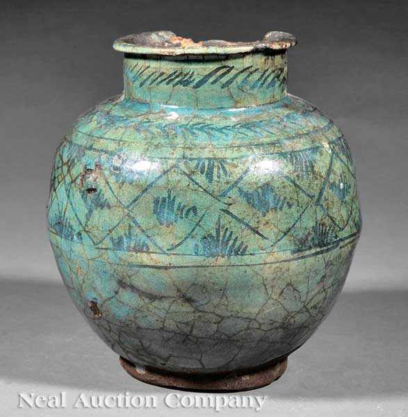 Appraisal: An Islamic Raqqa Turquoise Glazed Jar probably th c Syria