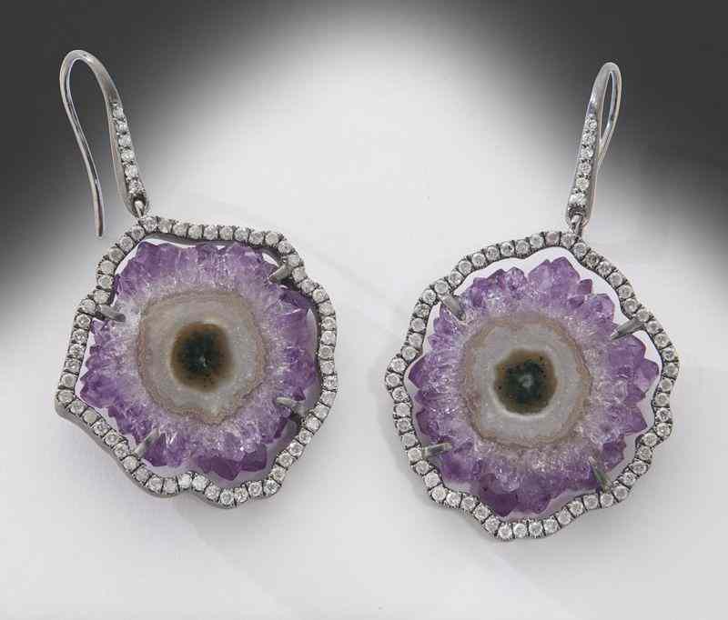 Appraisal: Pr sterling silver diamond and agate earringsfeaturing sliced agates surrounded