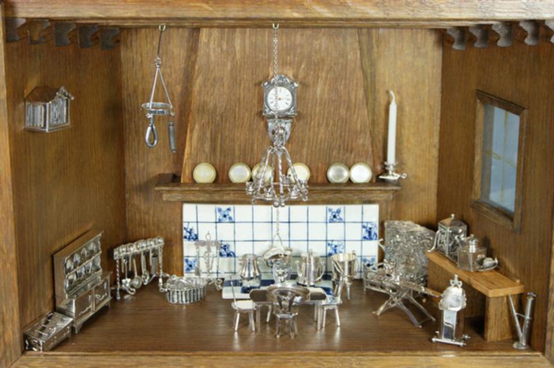 Appraisal: Miniature kitchen diorama with pcs mostly Sterling silver Dutch furniture