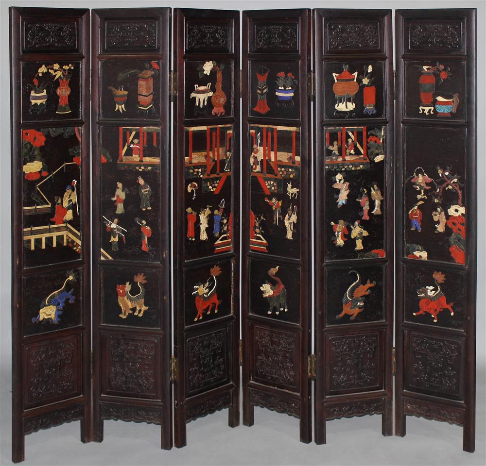 Appraisal: CHINESE SMALL SIX-PANEL AND HARDSTONE INLAID FLOOR SCREEN QING DYNASTY