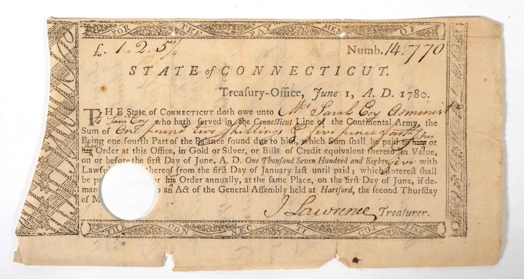 Appraisal: Original early American promissory note from the State of Connecticut