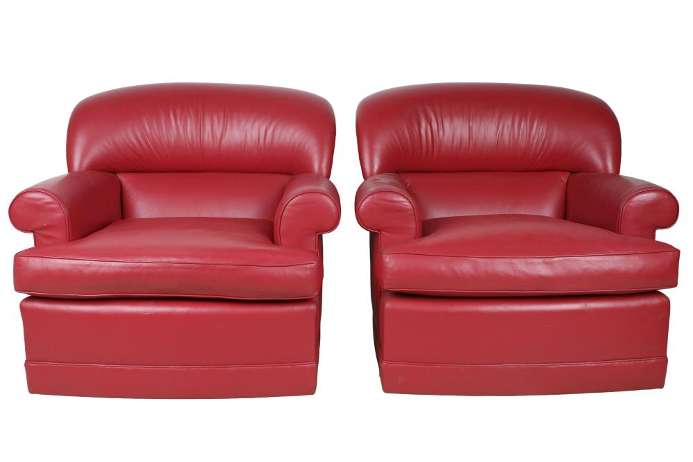 Appraisal: PAIR OF RED LEATHER CLUB CHAIRSeach with removable leather cushion