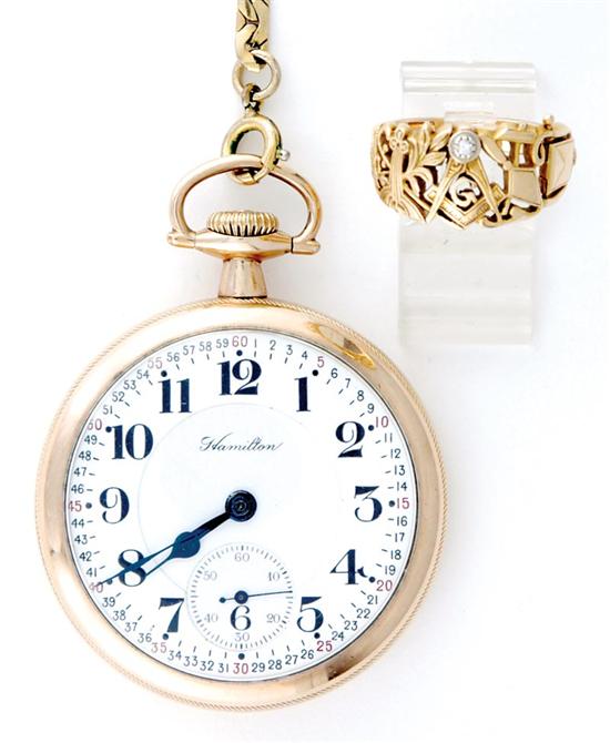 Appraisal: Hamilton gentleman's pocketwatch and Masonic ring gold-filled open faced case