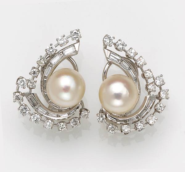 Appraisal: A pair of cultured pearl diamond and k white gold