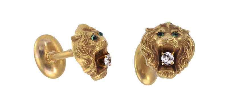 Appraisal: K GOLD AND DIAMOND LION HEAD FIGURAL CUFFLINKS K yellow