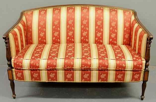 Appraisal: Sheraton style inlaid mahogany love seat with carnelian and ivory