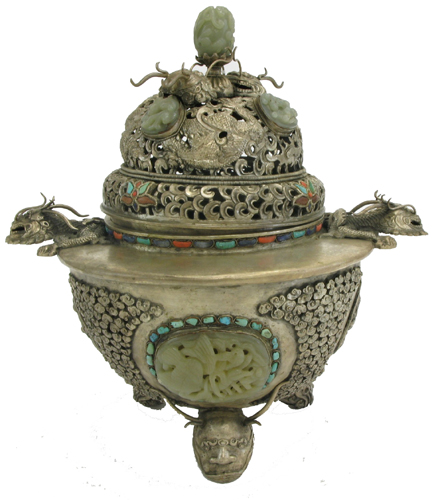 Appraisal: SILVERED CHINESE COVERED CENSER The silvered metal body decorated with