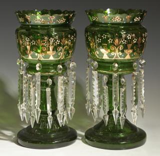 Appraisal: Pair of English Victorian Green Glass Lusters t Pair of