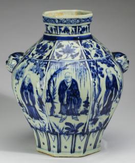 Appraisal: Chinese paneled jar with Lohan in landscapes h Chinese blue