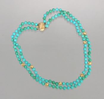 Appraisal: A Lovely Double Strand Turquoise and Gold Necklace A hand-knotted