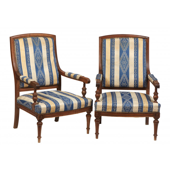 Appraisal: Pair of French Louis XVI Style Carved Walnut Fauteuils th