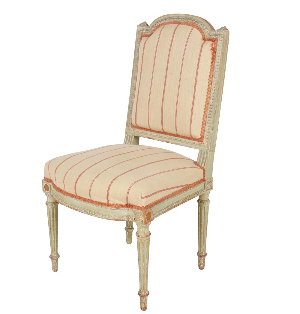 Appraisal: LOUIS XVI-STYLE PAINTED CHAIRred-striped cream linen fabric Provenance The Jim