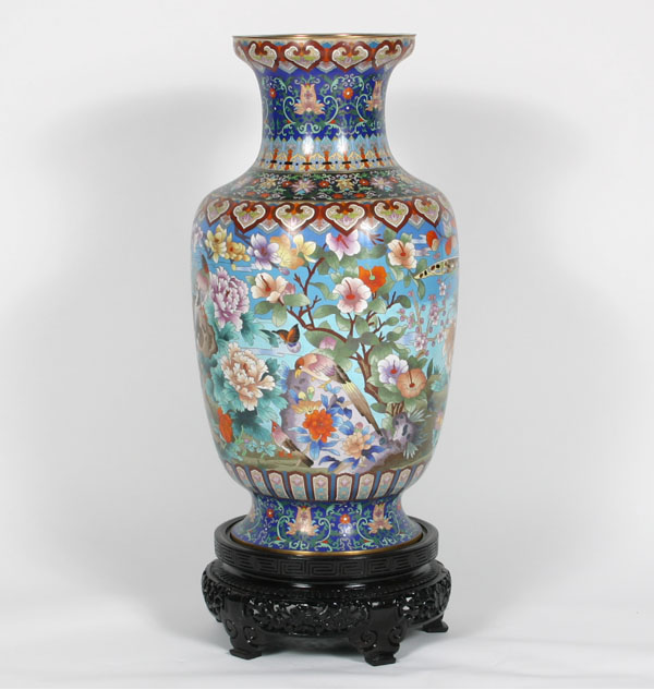 Appraisal: Asian cloisonne temple jar on base intricate floral and avian