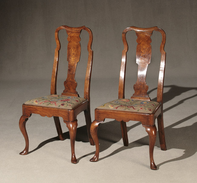 Appraisal: Pair of George II Satinwood Marquetry Walnut Side Chairs Circa