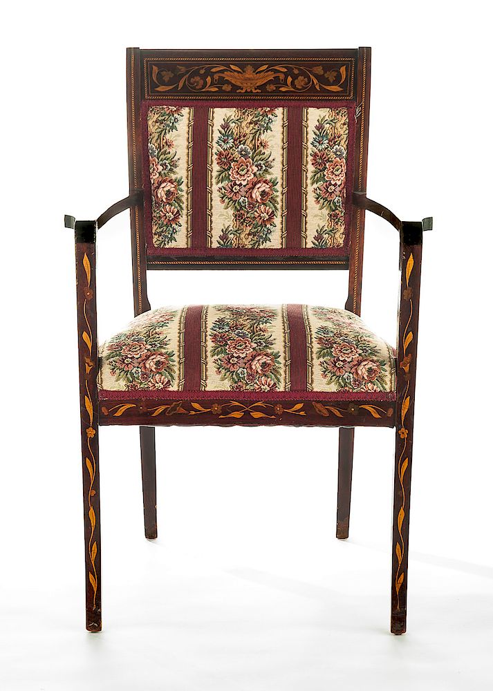 Appraisal: Inlaid Neoclassical Style Arm Chair DESCRIPTION Mixed woods inlaid Neoclassical