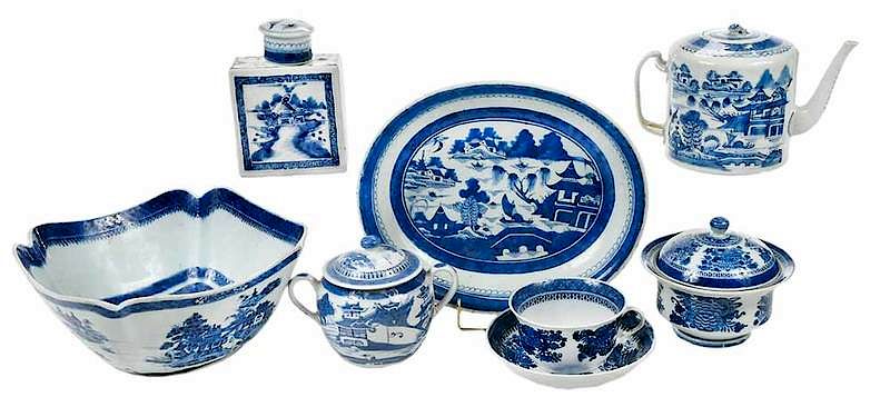 Appraisal: Eight Pieces Canton Blue and White Porcelain Chinese mostly th