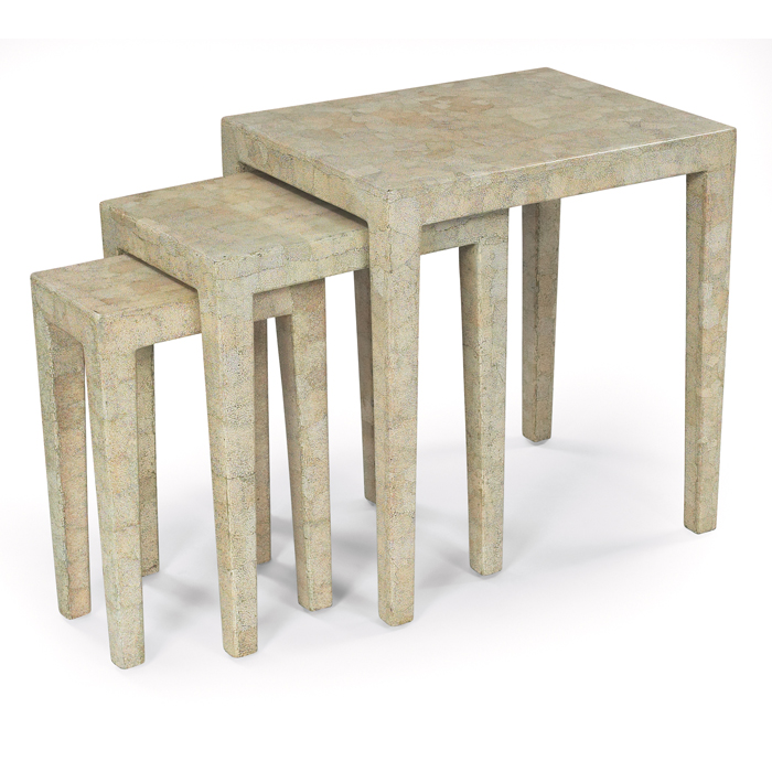 Appraisal: Eggshell nesting tables three wood forms covered entirely in eggshell