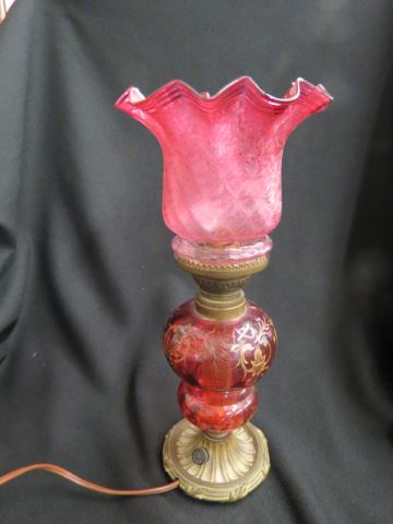 Appraisal: Cranberry Art Glass Oil Lamp etched with cameo style shade