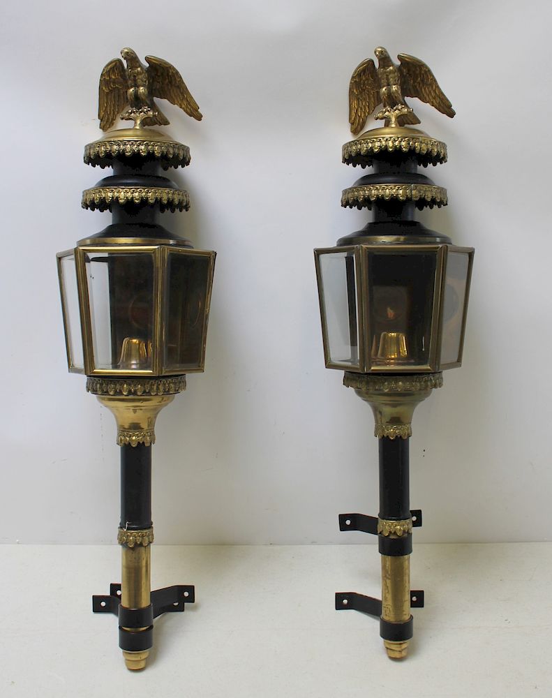 Appraisal: A Pair of Antique Carriage Lanterns with Eagle Finials Signed