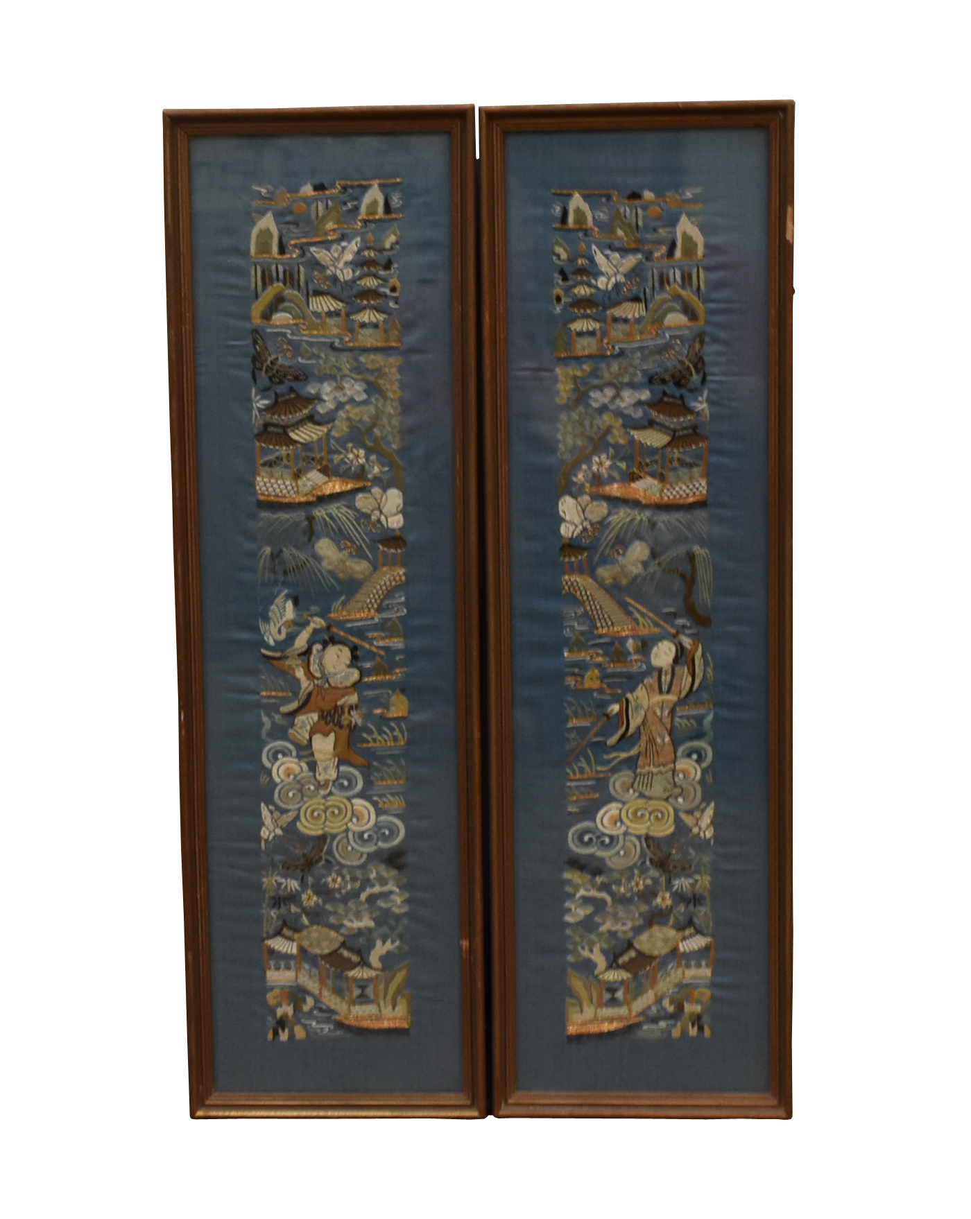 Appraisal: PAIR OF CHINESE BLUE EMBROIDERY OF FIGURES QING D Chinese