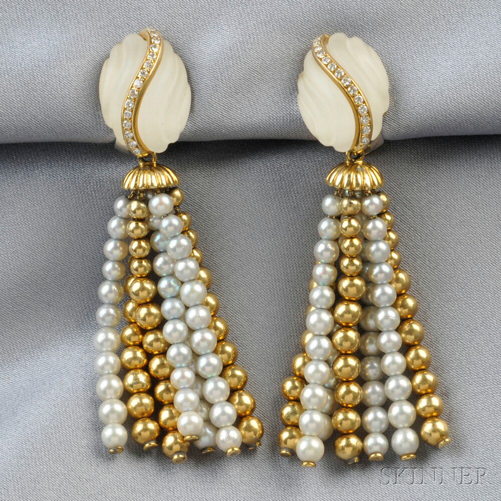 Appraisal: kt Gold Rock Crystal Diamond and Pearl Earpendants each set