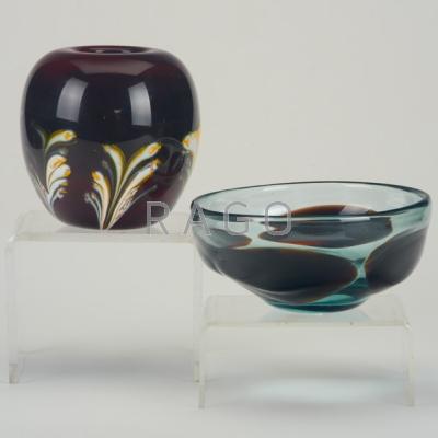 Appraisal: DOMINICK LABINO Two glass vessels pulled feather vase and globular