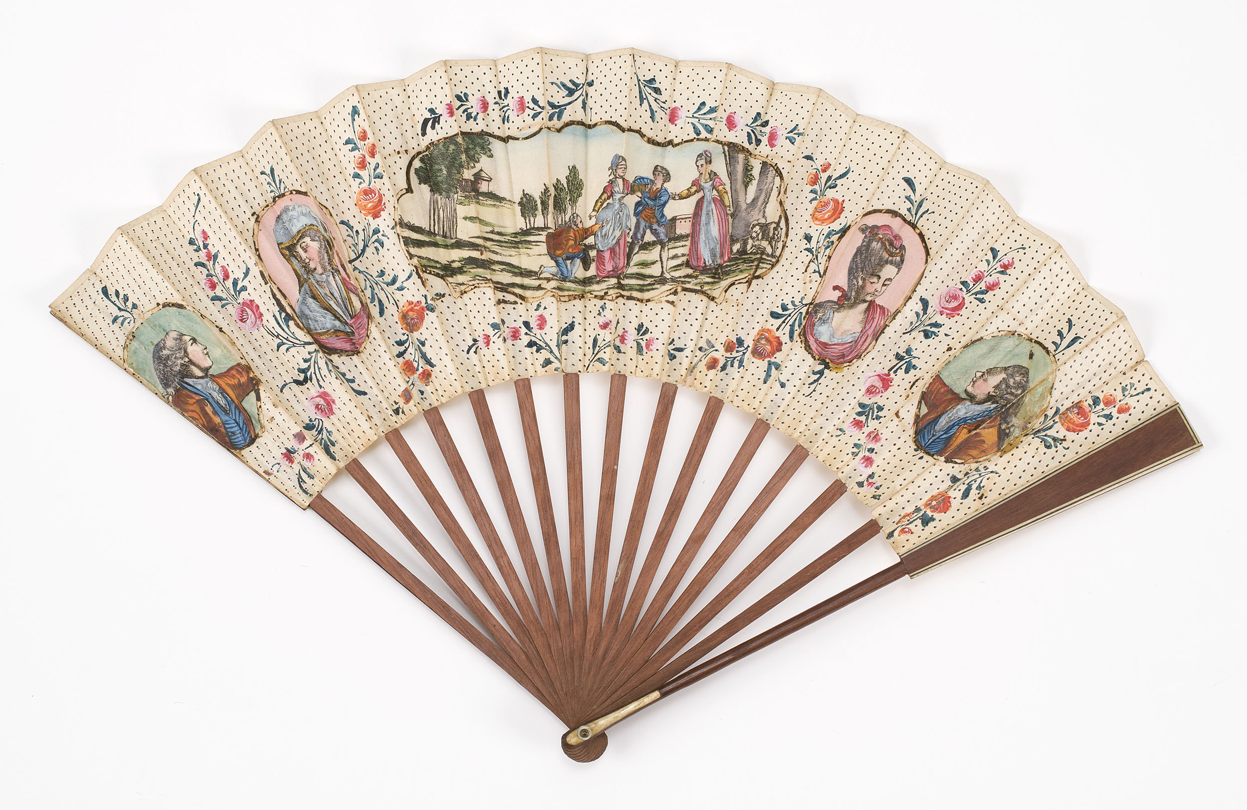 Appraisal: PAPER AND WOOD FOLDING FAN French th CenturyPaper leaf with