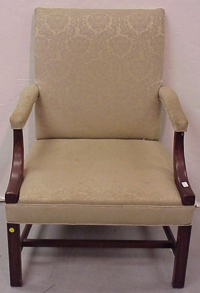 Appraisal: Reproduction lolling chair mahogany frame pale green damask upholstery marlborough