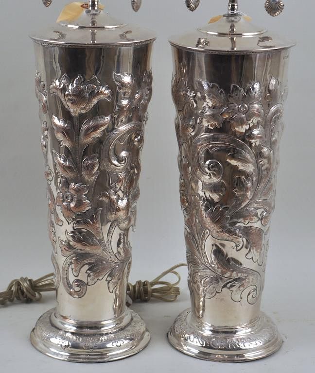 Appraisal: Pair Large Old Sheffield Silver Vases As Lamps with repousse