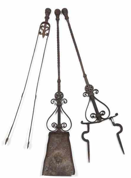 Appraisal: Italian Baroque Style Fire Tool Setcirca three tools consisting of