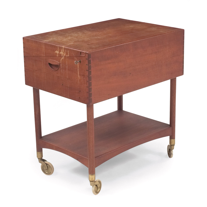 Appraisal: Danish flatware storage cart teak lockingtop two sliding felt-lined trays