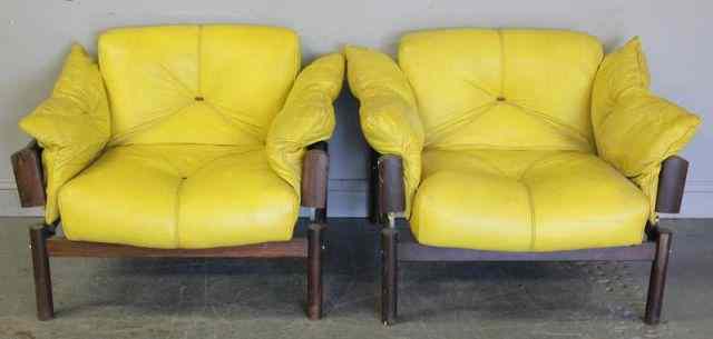 Appraisal: Pair of Midcentury Rosewood Chrome and YellowLeather Armchairs Possibly Brazilian