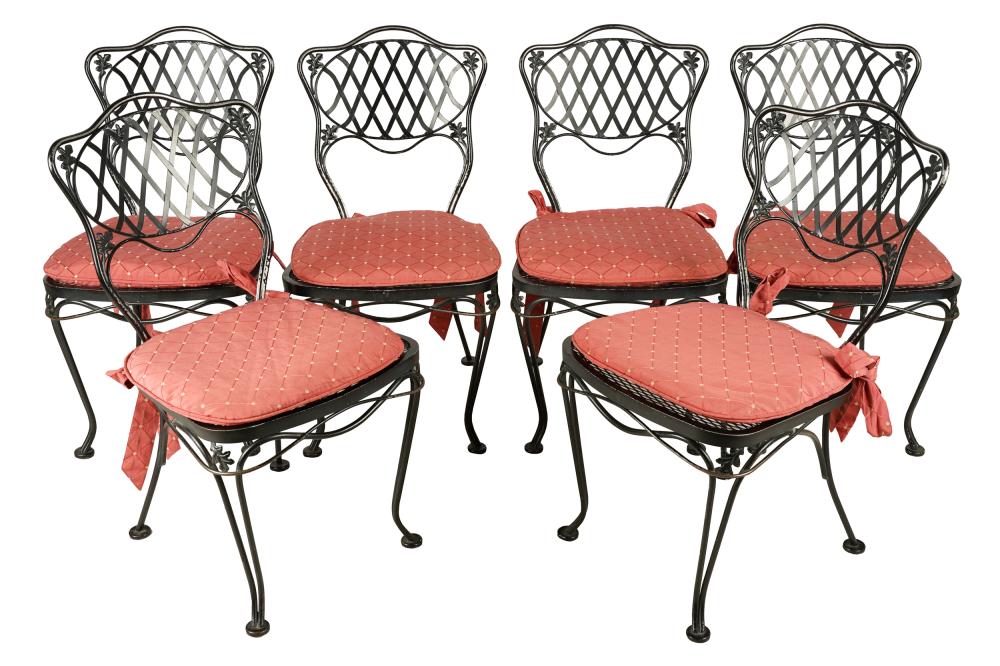 Appraisal: WOODARD SIX BLACK-PAINTED IRON PATIO CHAIRSwith manufacturer's label Lee L