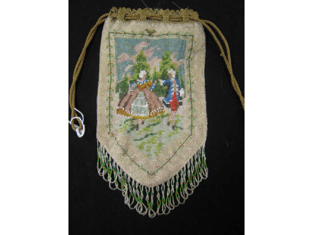 Appraisal: Victorian Beaded Evening Bag colorful figures fancy fringe drawstring style