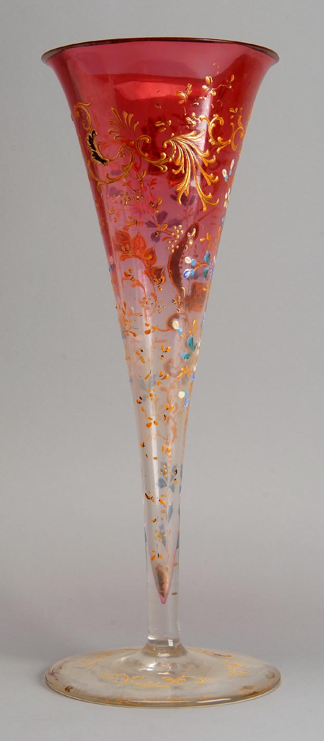 Appraisal: MOSER GLASS VASE th CenturyIn trumpet form Ruby-to-clear with enameled