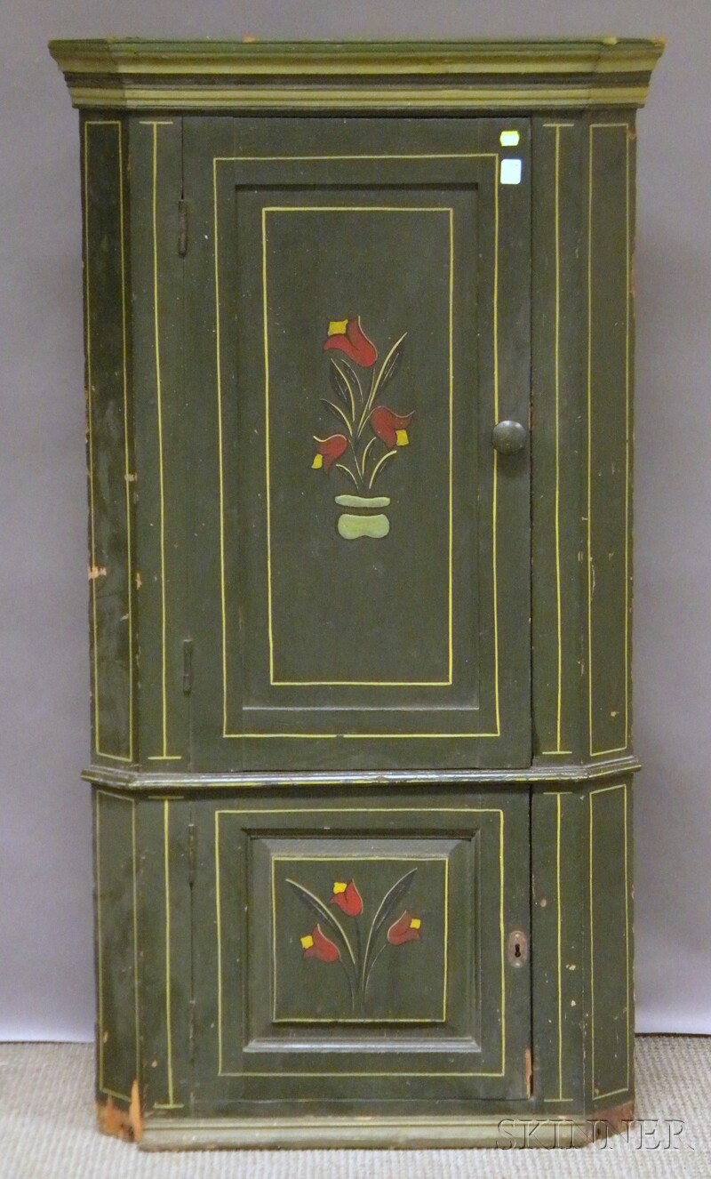 Appraisal: Small Polychrome Painted Wood Corner Cupboard with Two Paneled Doors