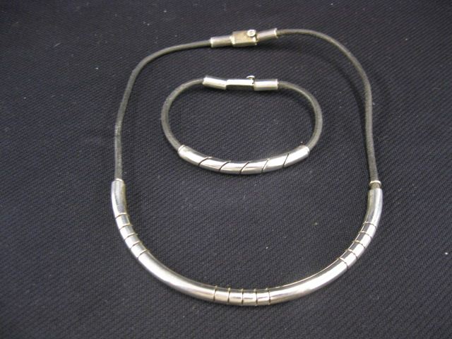 Appraisal: Sterling Silver Leather Necklace Bracelet designer set