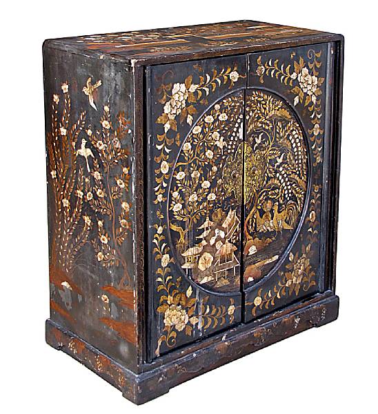 Appraisal: A Japanese black lacquer and mother of pearl inlaid cabinet