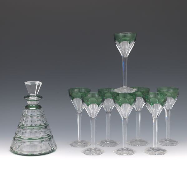 Appraisal: MID CENTURY MODERN GREEN AND CLEAR DECANTER WITH GLASSES Clear