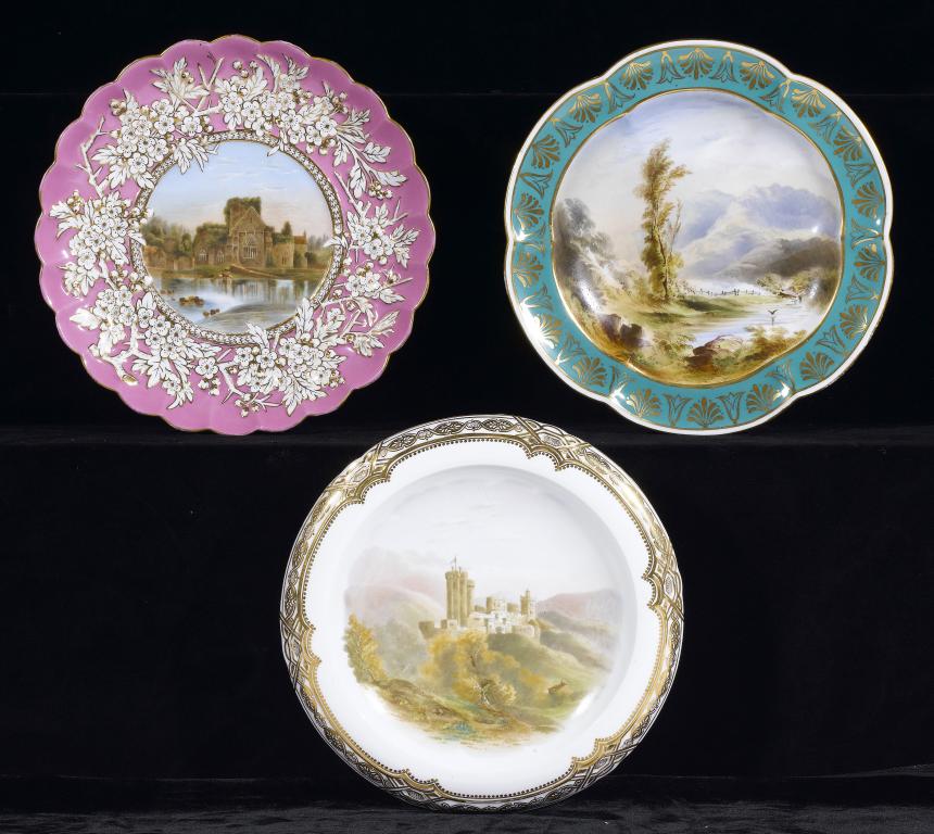 Appraisal: THREE COALPORT DESSERT STANDS painted with landscapes and ruins one