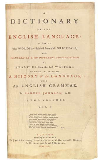 Appraisal: JOHNSON SAMUEL A Dictionary of the English Language volumes Folio