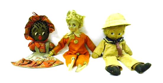 Appraisal: DOLLS Three dolls including felt clown doll wearing orange suit