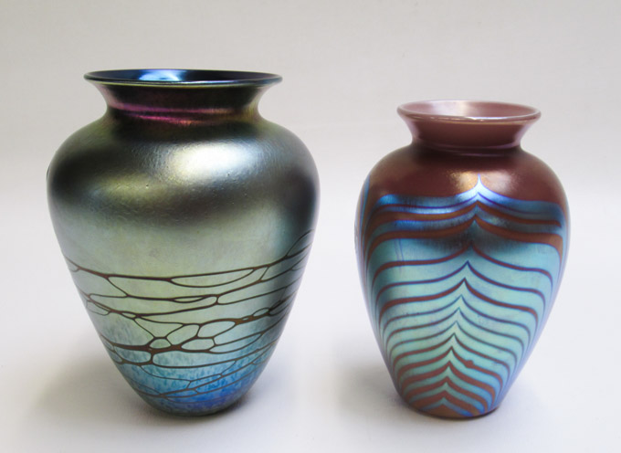 Appraisal: TWO RICHARDSON STUDIO ART GLASS VASES one having purple strand