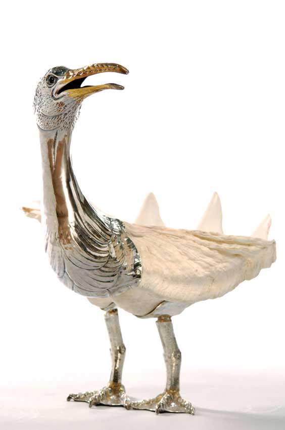 Appraisal: ITALIAN SILVER AND SHELL CORMORANT Contemporary Italian silver or silver