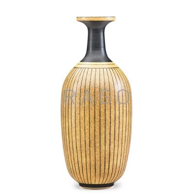 Appraisal: HARRISON McINTOSH b Glazed stoneware bottle-shaped vase with line pattern