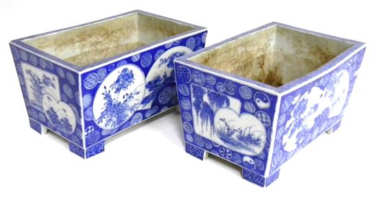 Appraisal: ASIAN Pair of rectangular blue and white porcelain planters raised